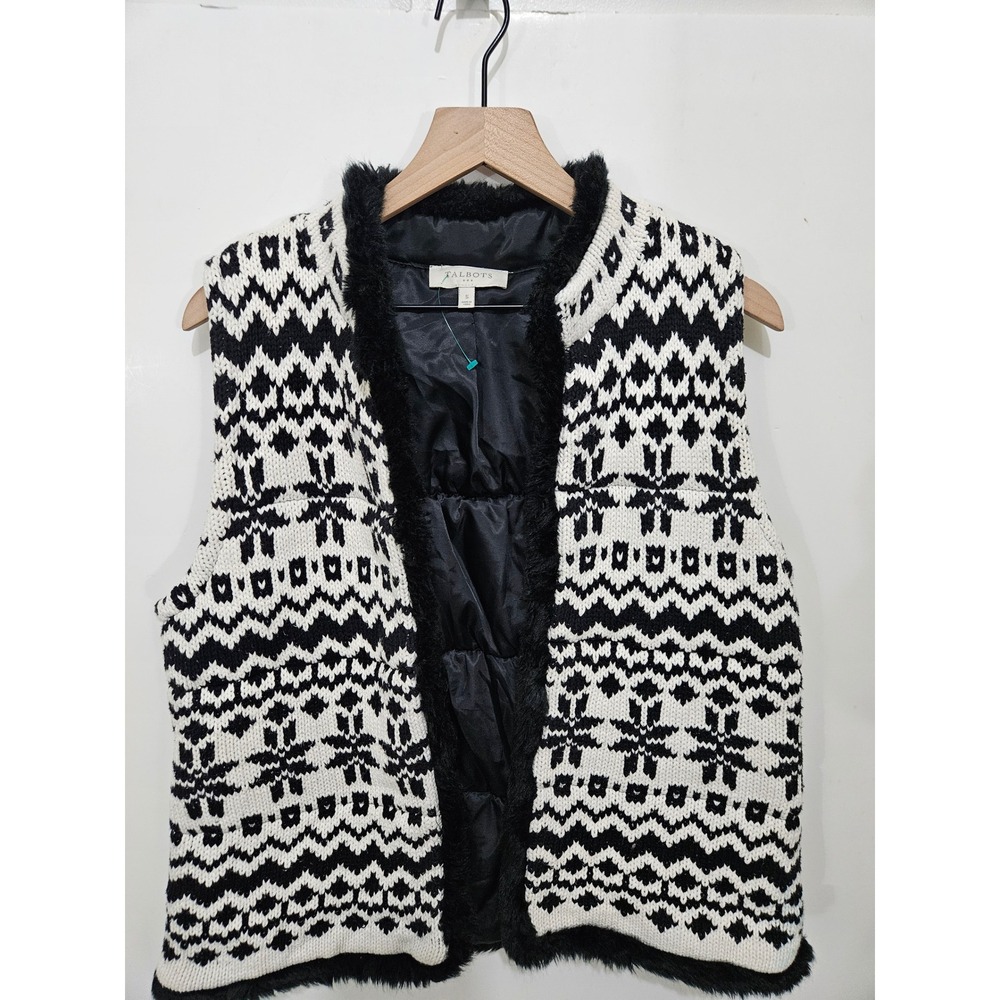Talbots Fair Isle Knit Puffer Vest Faux Fur Trim Black White Nordic Small